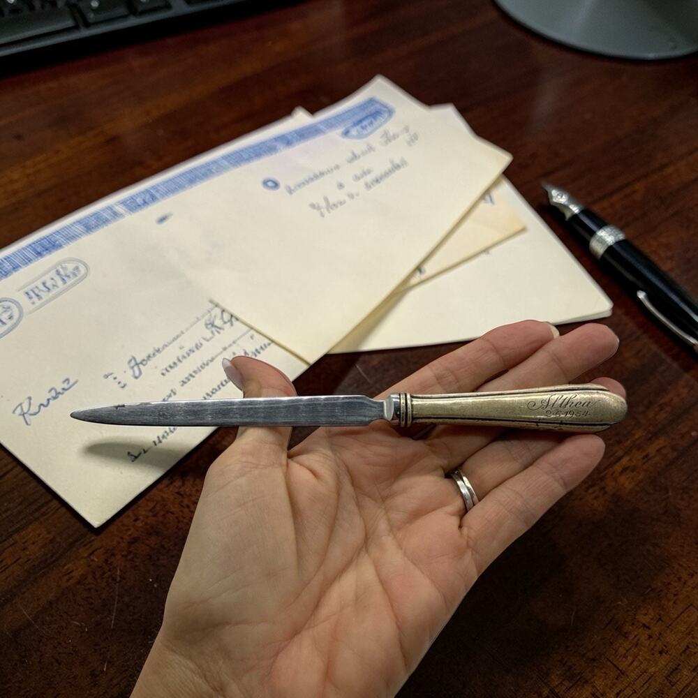 Art Nouveau Sterling Silver Handle Letter Opener 8" , Engraved Althea 2-6-1954